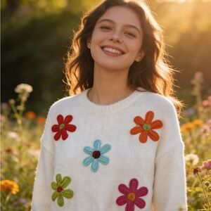 Pinch Colorful Floral Sweater - Cream